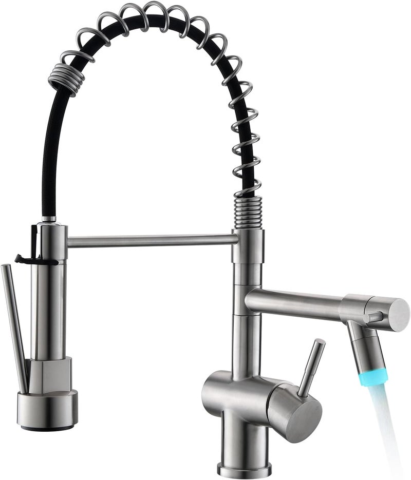 kicimpro LED Kitchen Faucet with Pull Down Sprayer, Brushed Nickel Faucet for Kitchen Sink, Single Handle High Arc 304 Stainless Steel LED Commercial Bar Kitchen Sink Faucet for 1 Hole Or 3 Hole - Image 1